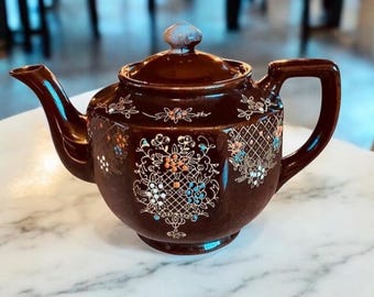 Antique 1940s Japan Brown Ceramic Teapot Hand Painted Autumn