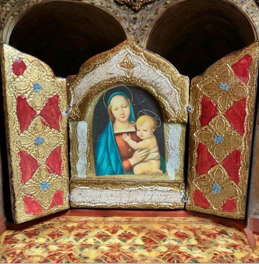 Vintage Florentine Mini Triptych Madonna and Christ Child Wood & Gold ...