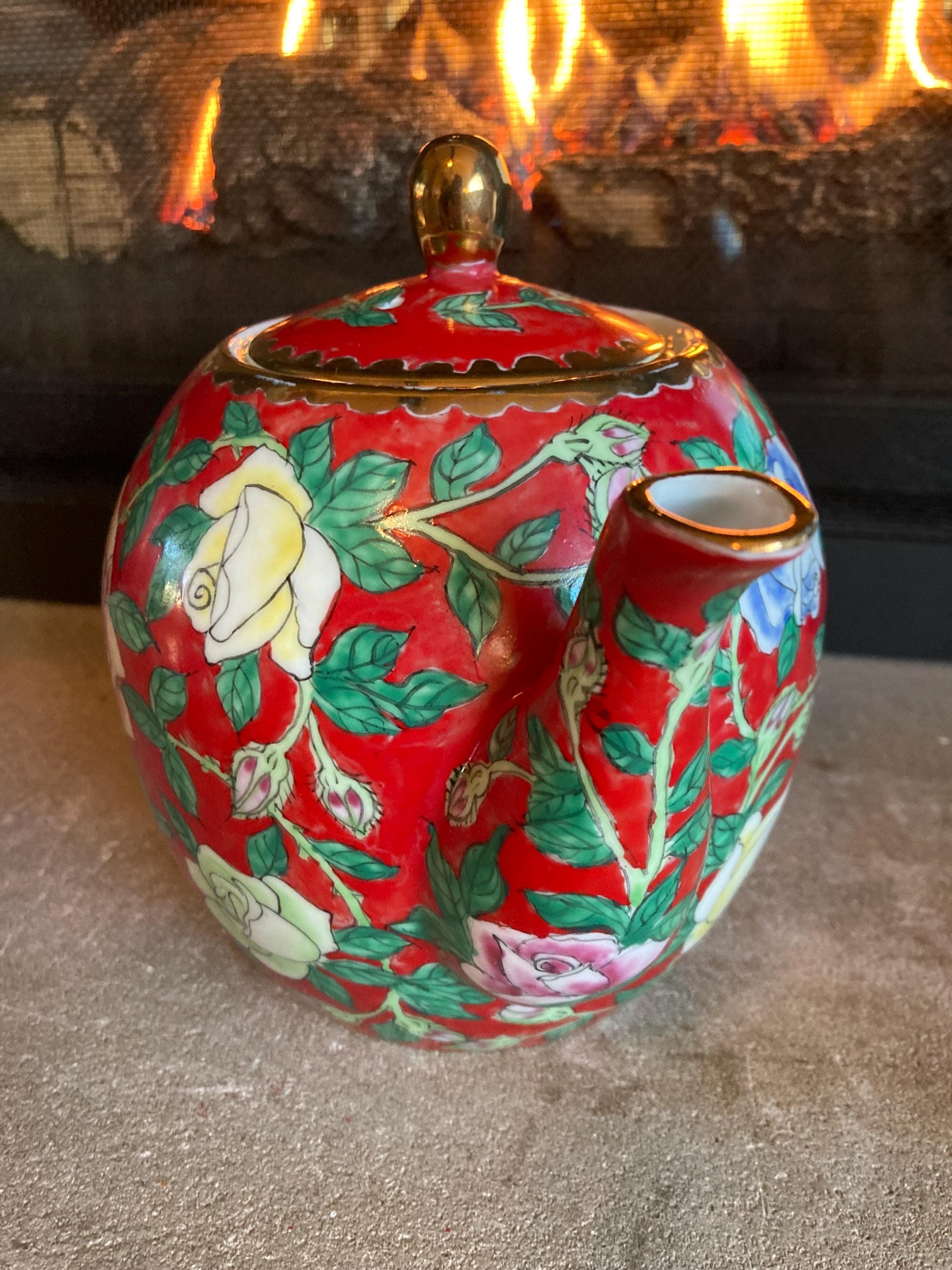 Vintage 1960s Chinese Mille Fleur Red Ceramic Teapot Pink Cottage