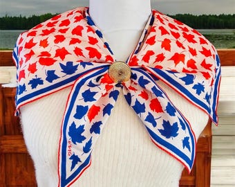 Vintage 1940-tals Vera Neumann sidenscarf röd vit blå lönnlöv handrullad