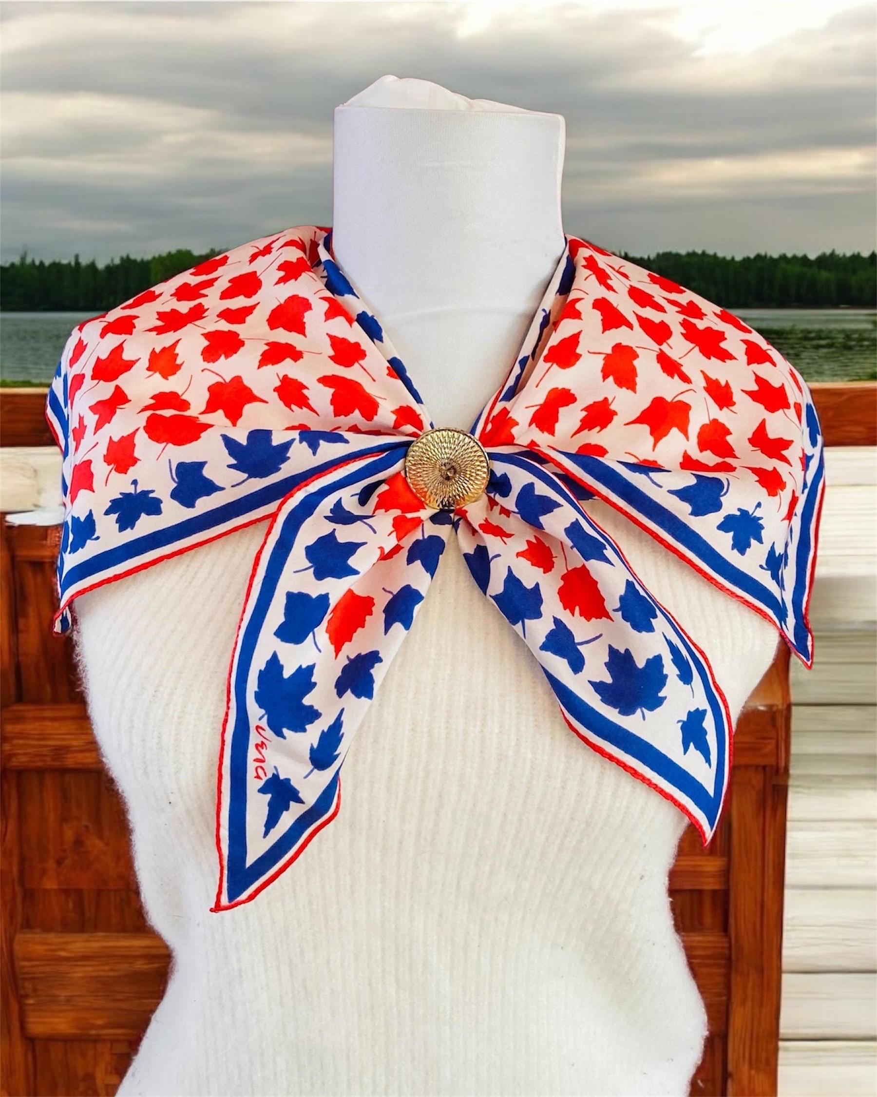 Vintage 1940s Vera Neumann Silk Scarf Red White Blue Maple Leaf