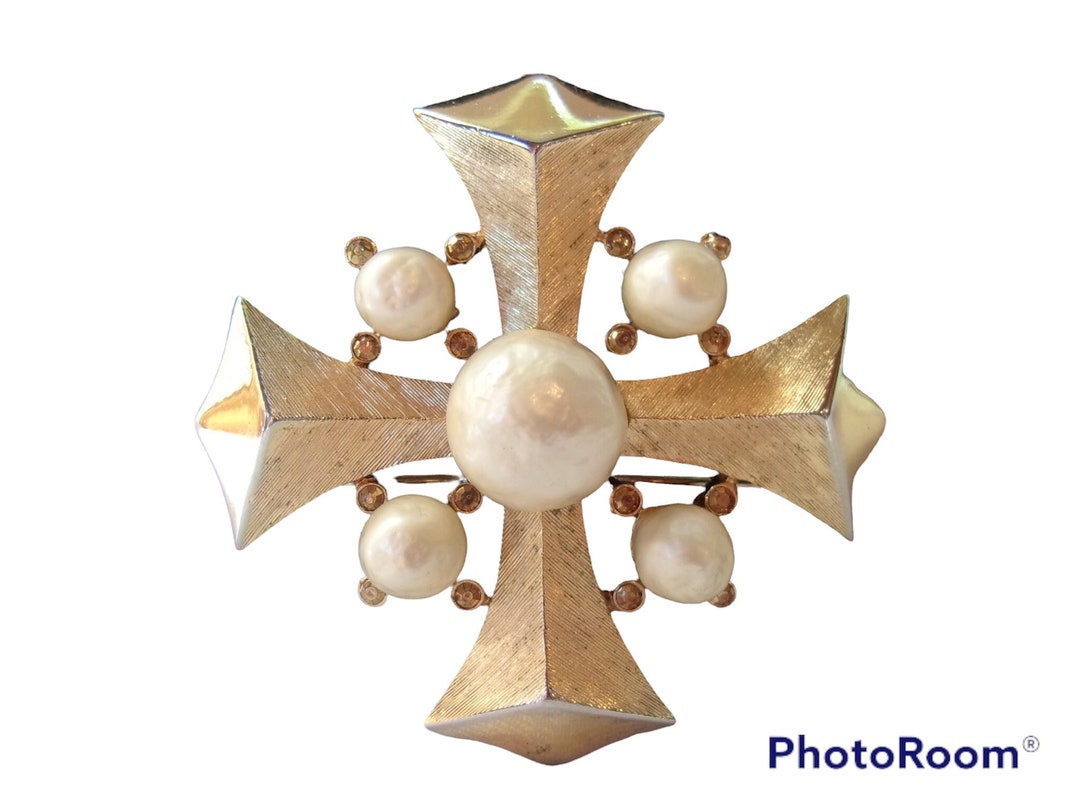Broche Pendentif Croix De Malte Vintage Dorée Strass - Marque Avon - Occasion