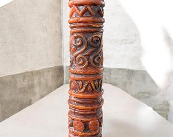 Vintage Carved Tiki Style Pillar Candle: Primitive Folk Art, 1960s