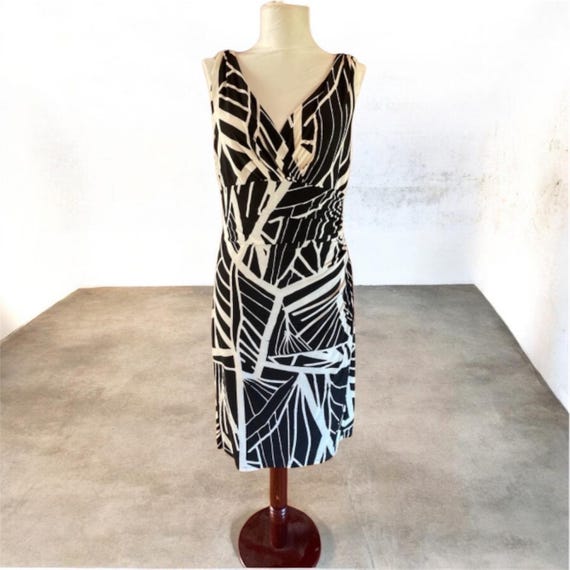 American Living Black White Leaf Sheath Dress, Ruched Waist Size 10