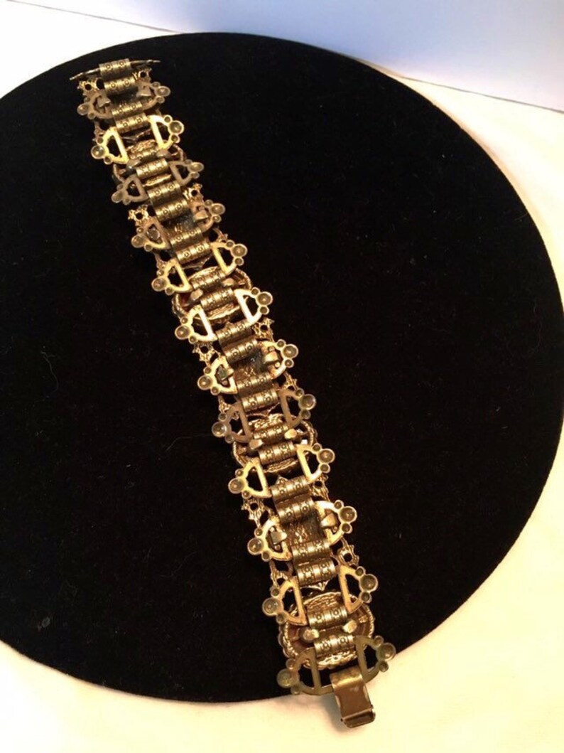 Antique Victorian Revival Easter Egg Glass Cabochons /& Faux Pearl Gilt Brass Book Chain Bracelet