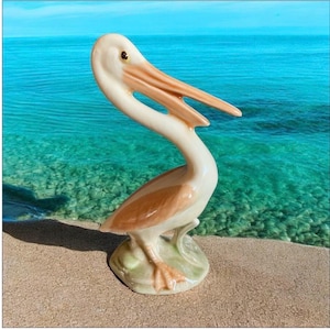 Ceramic Vintage Pelican Figurine, hand-painted porcelain Bird Figurine, 1950s