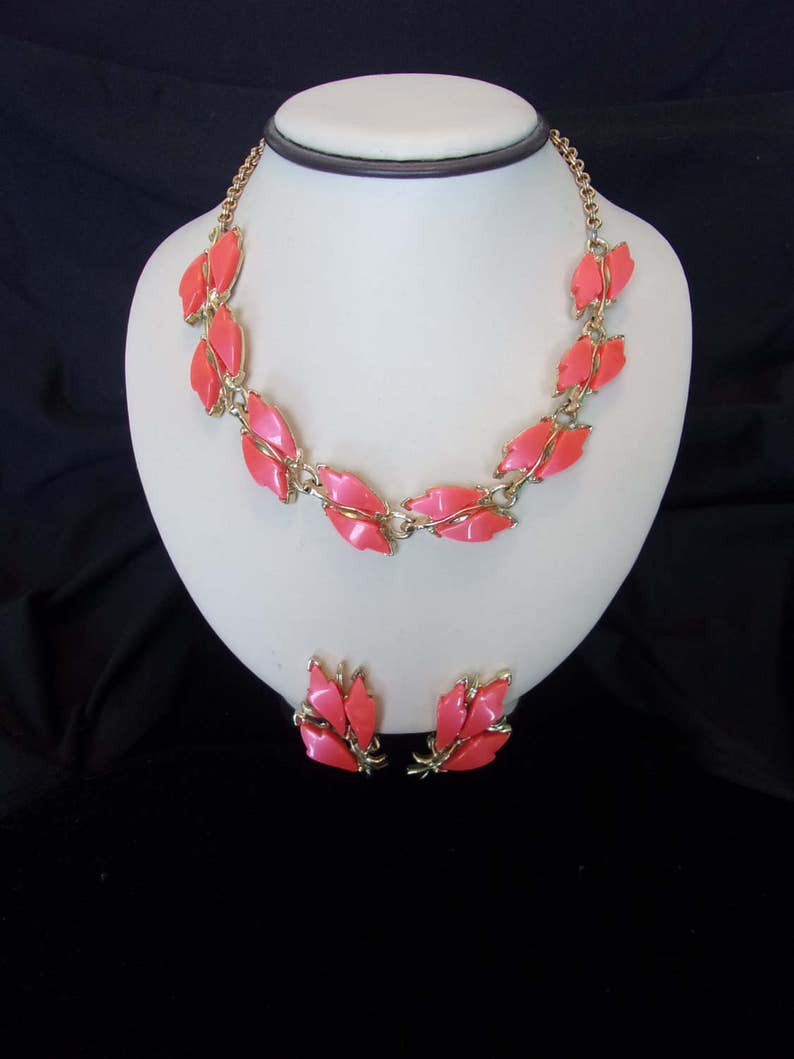 Coro Designer Signed Thermoset Plastic Coral Orange Leaf Flower Necklace Earrings Gold Plate Set