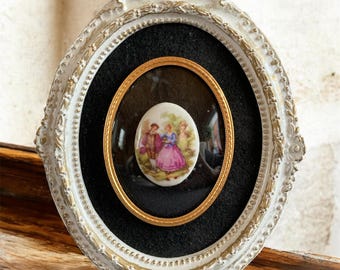 Vintage Limoges Fragonard Porcelain Cameo in Ornate Gold and White Wood Frame Wall Art