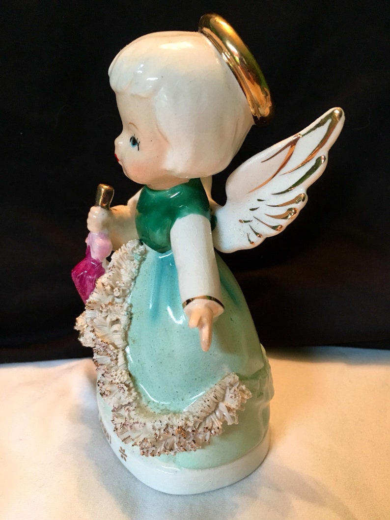 Japan Napco Vintage May Angel Porcelain figurine Green Spring Rain Umbrella Original Box Rare