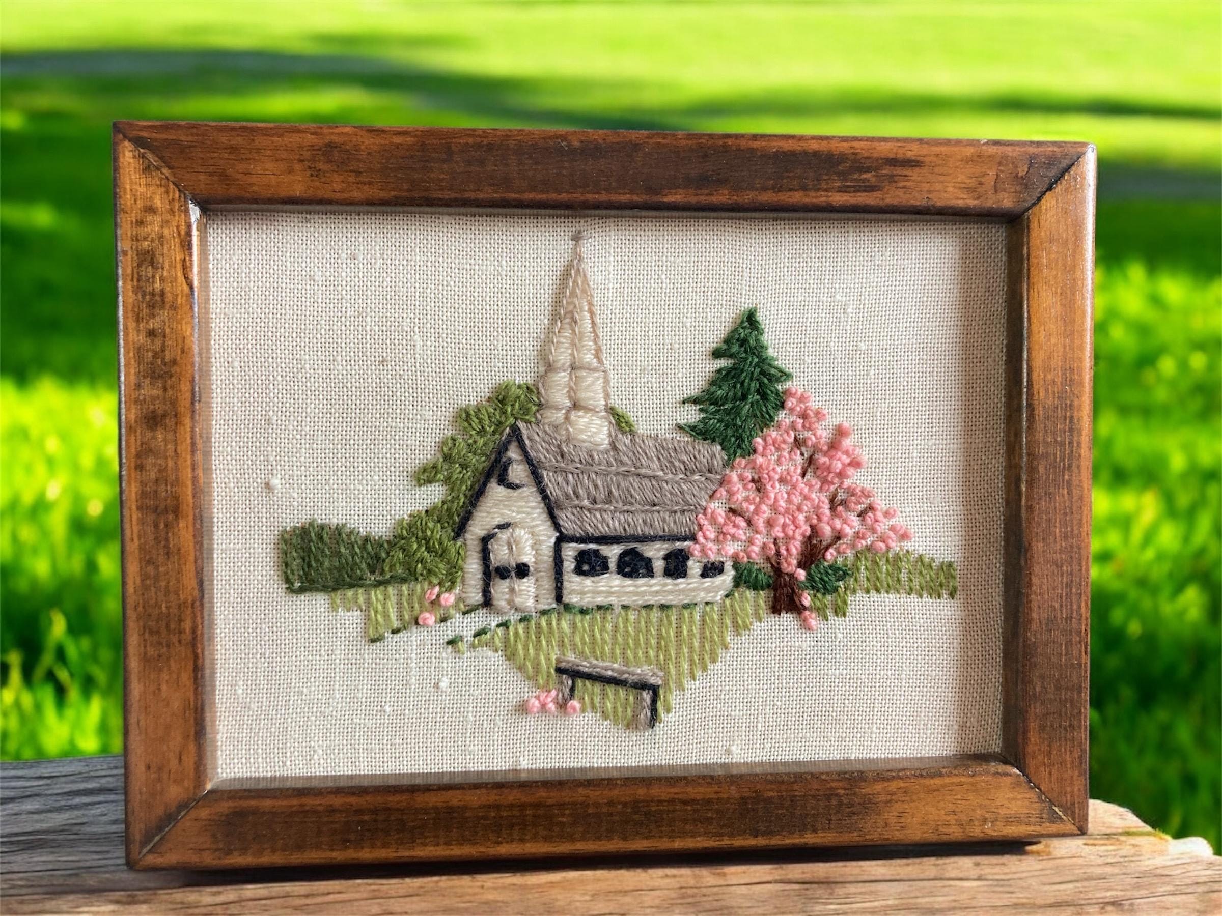 Crewel Embroidery Church landscape, 8x6 brown picture frame, Handmade embroidery wall hang, Sunset Designs Steeple Church
