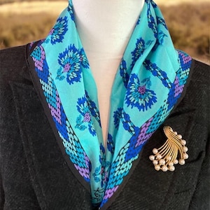 Blue Silk Flower Scarf, signed Katja XIIX, Japan Silk Square Scarf, Turquoise Blue Silk Scarf