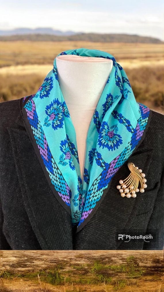 Blue Silk Flower Scarf, Signed Katja XIIX, Japan Silk Square