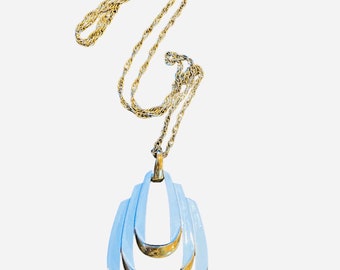 White enamel MOD pendant, gold & white Necklace, signed Trifari necklace, 1970s fashion jewelry
