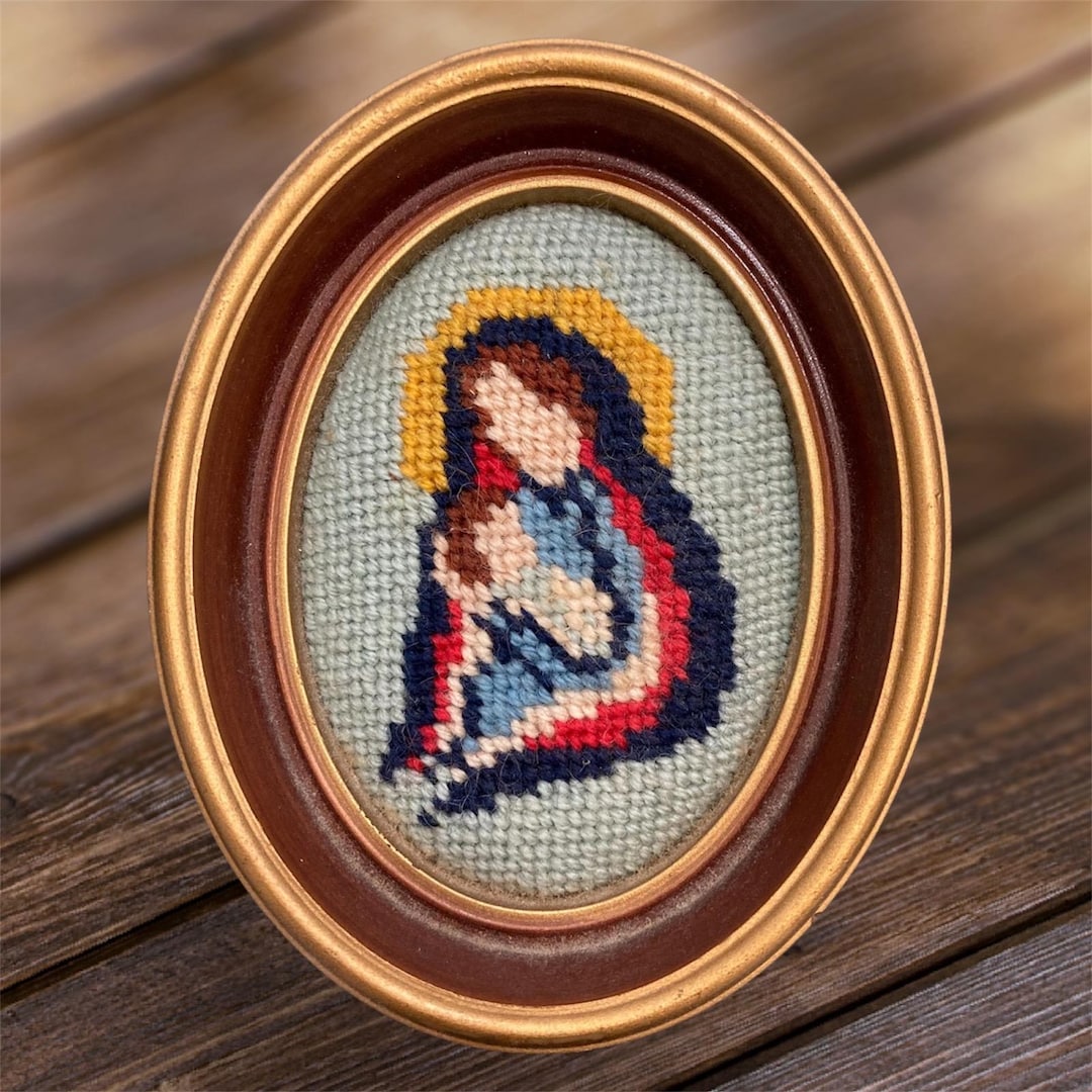 Vintage Madonna and Child Needlepoint Framed Art Virgin Mary Baby Jesus ...