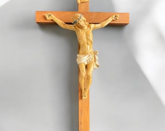 Crucifijo antiguo Fontanini Spider Mark de 30 cm (12"), corpus italiano antiguo sobre cruz de madera