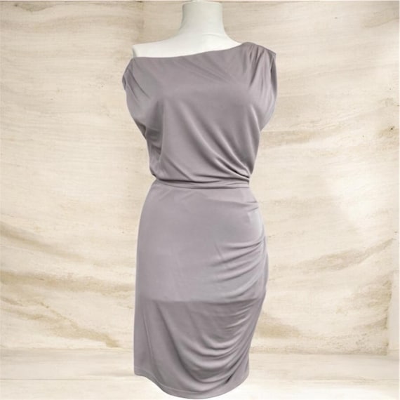 halston heritage asymmetrical dress Halston Heritage Gray Asymmetrical Dress, off Shoulder Ruched Sheath Size 0