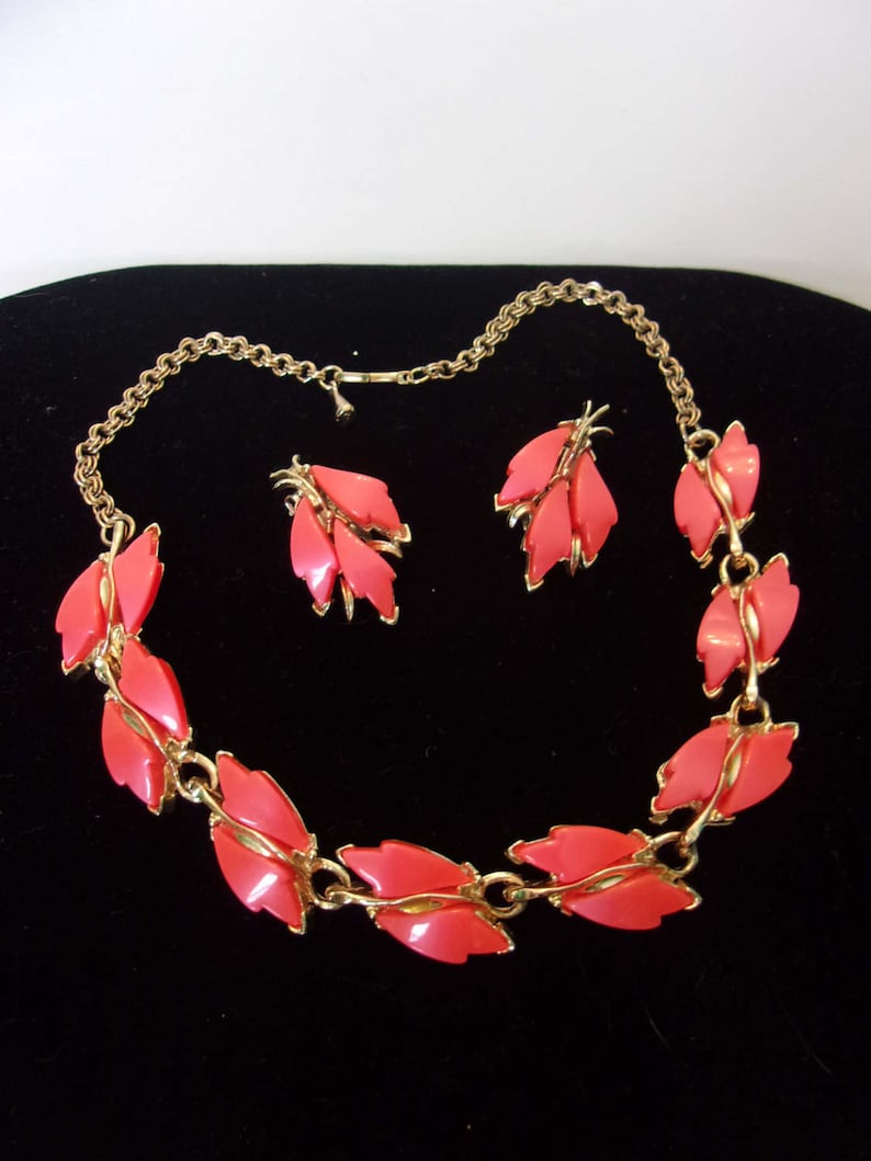 Coro Designer Signed Thermoset Plastic Coral Orange Leaf Flower Necklace Earrings Gold Plate Set