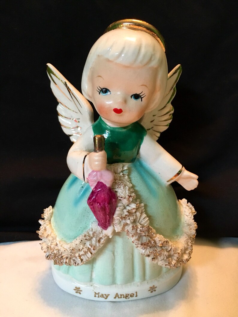 Japan Napco Vintage May Angel Porcelain figurine Green Spring Rain Umbrella Original Box Rare