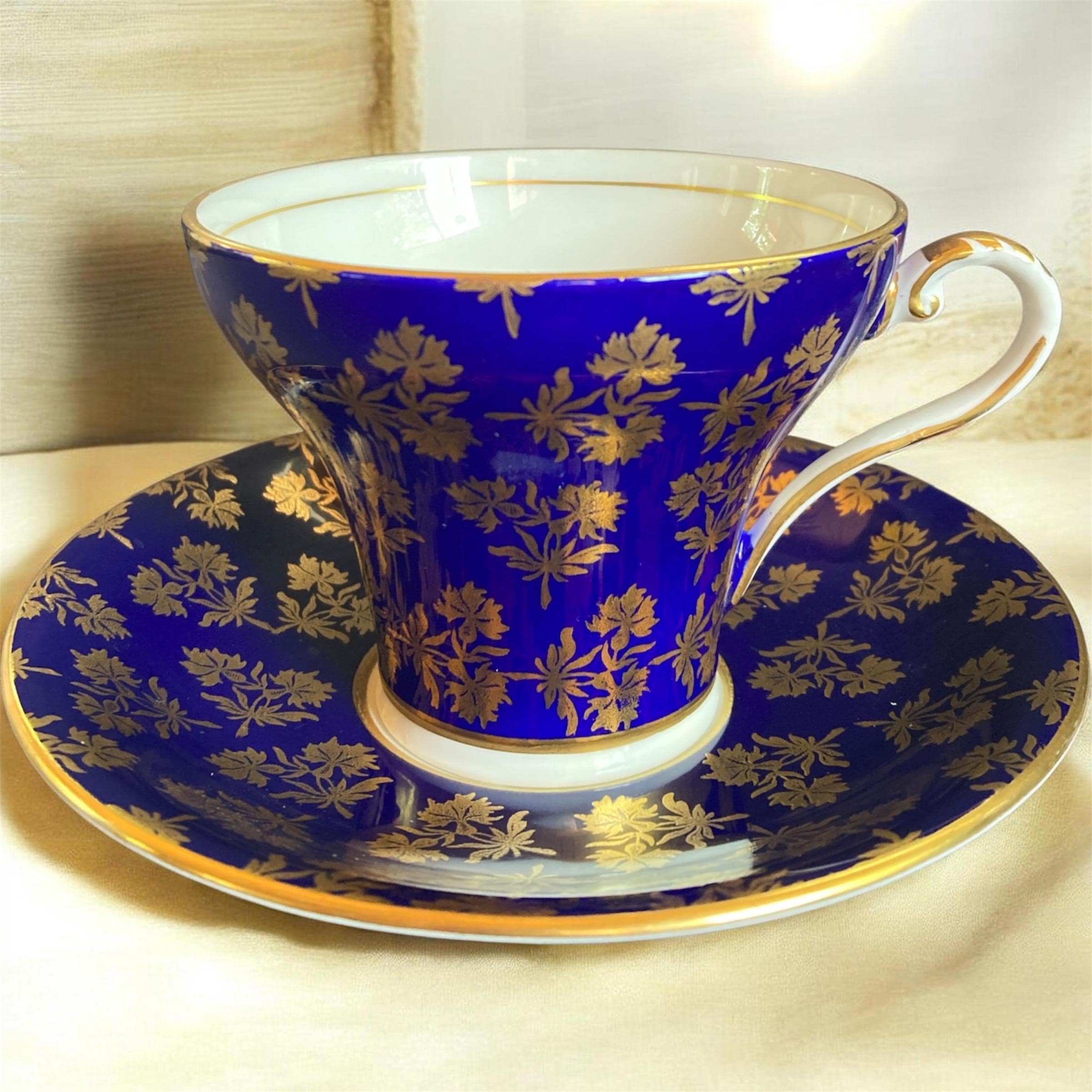 Antique Aynsley Tea Cup Saucer Cobalt Blue Gold Floral Fine