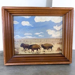 Paysage de buffle, peinture à l'huile de l'ouest américain, mini oeuvre d'art originale encadrée, artiste Dorothy Spicer