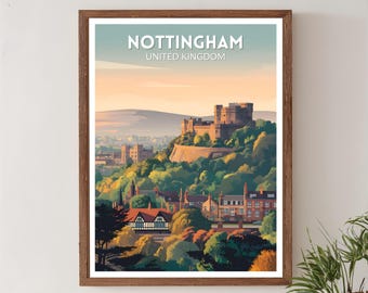Nottingham Verenigd Koninkrijk retro reisposter, moderne vintage stadskunst uit het midden van de eeuw, kunst aan de muur Europa