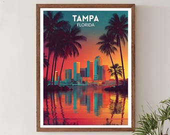 Tampa Florida levendige reisposter, retro futuristische muurkunstprint, kleurrijk kuststadsgezicht, poster Florida, modern decor