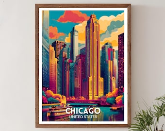 Chicago Travel Poster Print, USA Wall Art, Chicago City Poster, Illinois Artwork, Retro Chicago Travel Print, Vintage City Wall Art,Chicago