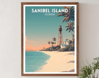 Sanibel Island Florida retro reisposter, moderne muurkunst uit het midden van de eeuw, vintage kustlandschapdecor, tropische huiskunst