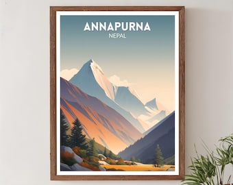 Annapurna Nepal Retro Travel Poster, Mid Century Modern Vintage Mountain Landscape Art, Alpine Nature Wall Art