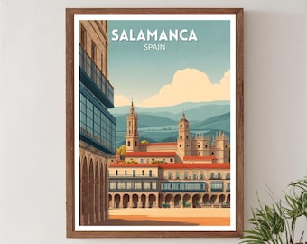 Plakat podróżniczy w stylu retro z Salamanki w Hiszpanii, sztuka historyczna z połowy XX wieku w stylu vintage, sztuka ścienna z Europy