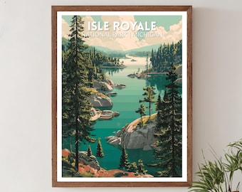 Isle Royale National Park Michigan Retro Travel Poster, Mid Century Modern Wall Art Print, Vintage Lake Landscape Decor, American Home Art