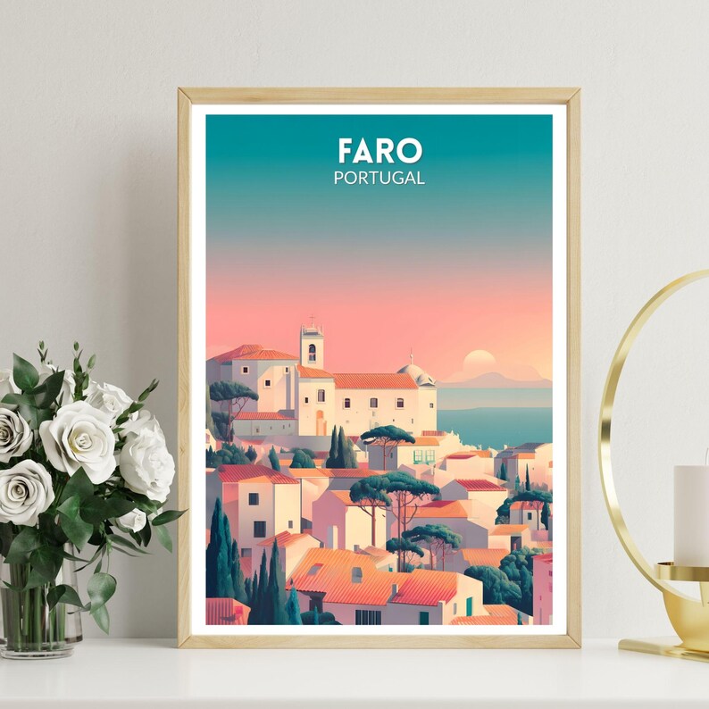 May include: A framed art print featuring a stylized illustration of Faro, Portugal. The artwork depicts a coastal town with white buildings, orange rooftops, and green trees under a teal and pink sky. The text "FARO PORTUGAL" is at the top.