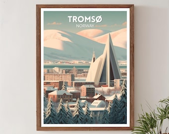 Poster di viaggio retrò di Tromsø, Norvegia, arte urbana vintage moderna di metà secolo, arte murale europea