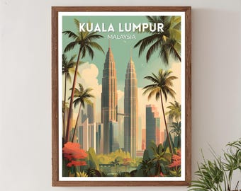 Kuala Lumpur Malaysia Retro Travel Poster, Mid Century Modern Vintage Cityscape Art, Asian Wall Art