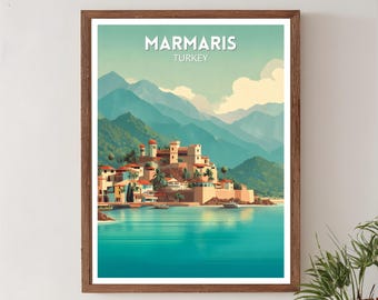 Marmaris Turkije retro reisposter, moderne vintage kustkunst uit het midden van de eeuw, kunst aan de muur Azië