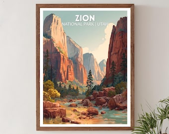 Plakat podróżniczy w stylu retro z Parku Narodowego Zion w stanie Utah, grafika ścienna w stylu mid-century modern, dekoracja krajobrazu w stylu vintage Canyon