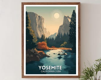 May include: A framed art print featuring a scenic view of Yosemite National Park. The artwork depicts a river flowing through a valley, with towering cliffs and evergreen trees. The text "YOSEMITE CALIFORNIA | USA" is displayed at the bottom.
