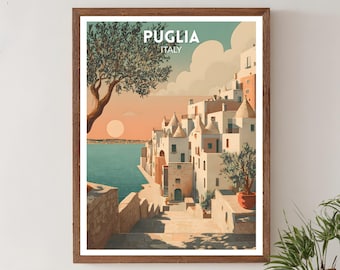 Apulien Italien Retro Reise Poster, Mid Century Modern Wand Kunst Druck, Vintage Küsten Landschaft Dekor, Mediterran Wand Kunst