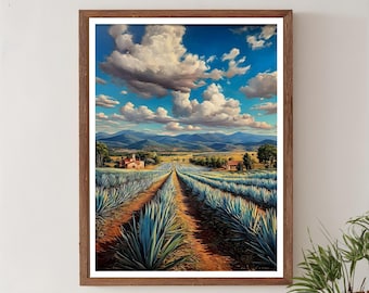 Blauwe agave veldkunstdruk, minimaal Mexico-landschapsschilderkunst, Jalisco-muurkunst, rustig landelijk decor