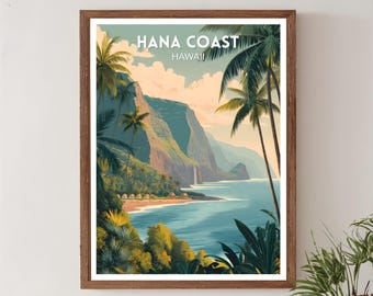 Hana Coast Hawaii Retro Travel Poster, Mid Century Modern Vintage Coastal Art, North America Wall Art