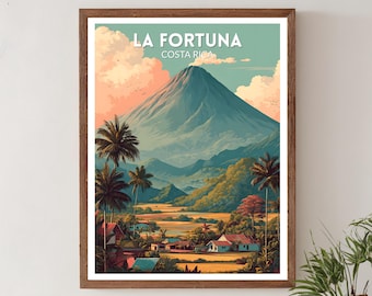 Póster retro de viaje a La Fortuna, Costa Rica; lámina artística moderna de mediados de siglo; decoración vintage con paisaje volcánico; arte latinoamericano para el hogar.