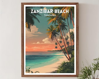 May include: Framed art print featuring a tropical beach scene. The artwork displays a vibrant sunset over the ocean, with palm trees and the text "Zanzibar Beach Tanzania". The color palette includes shades of blue, orange, and green.