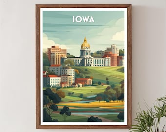 Retro reisposter Iowa VS, moderne vintage landschapskunst uit het midden van de eeuw, Noord-Amerikaanse muurkunst