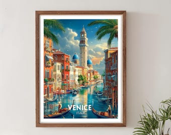 May include: A framed print of Venice, Italy, featuring a canal scene with gondolas, colorful buildings, and a tall clock tower. The artwork has a warm color palette with blue water and sky, and the text "VENICE ITALY" is displayed.