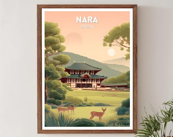 Poster di viaggio retrò di Nara, Giappone, arte della città storica vintage moderna di metà secolo, arte murale asiatica