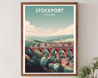 Stockport England Retro Travel Poster, Mid Century Modern Vintage Historic Town Art, Europe Wall Art
