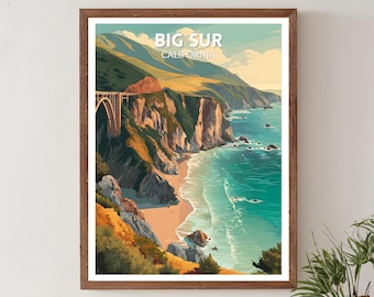 Big Sur California Retro Travel Poster, Mid Century Modern Wall Art Print, Vintage Coastal Landscape Decor