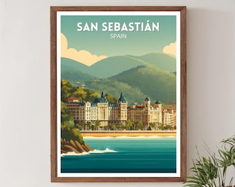 Plakat podróżniczy w stylu retro z San Sebastián w Hiszpanii, sztuka pejzażowa w stylu vintage z połowy XX wieku, sztuka ścienna z Europy