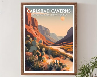 Carlsbad Caverns National Park New Mexico Retro Travel Poster, Mid Century Modern Vintage Landscape Art, North America Wall Art