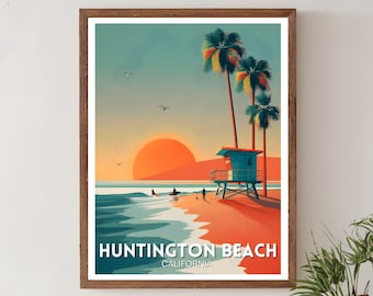 Huntington Beach vintage resetryck – Kalifornien, Huntington Beach-affisch, USA-väggkonst, Kalifornien-tryck, kustnära solnedgångskonst, surfaffisch